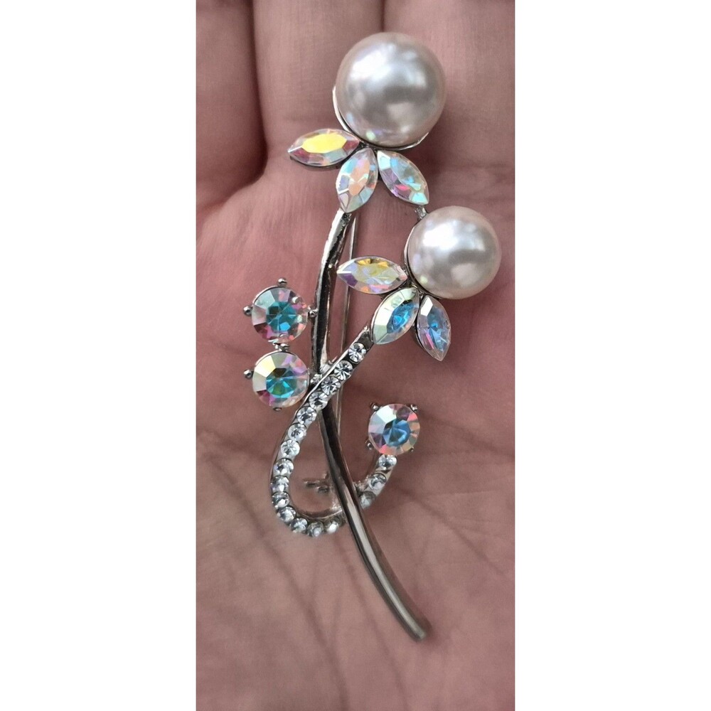 Vintage Floral Brooch, Prong-set A B Rhinestone, Faux Pearl, 3"